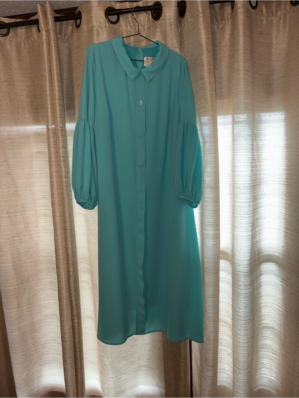 Turquoise Button-Front Midi Dress with Puff Sleeves